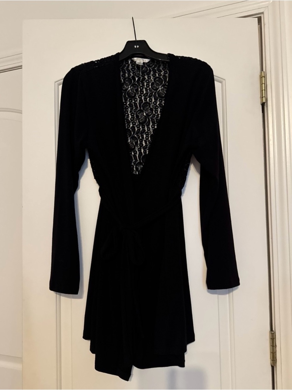Black Long-Sleeve Wrap Robe with Lace Back